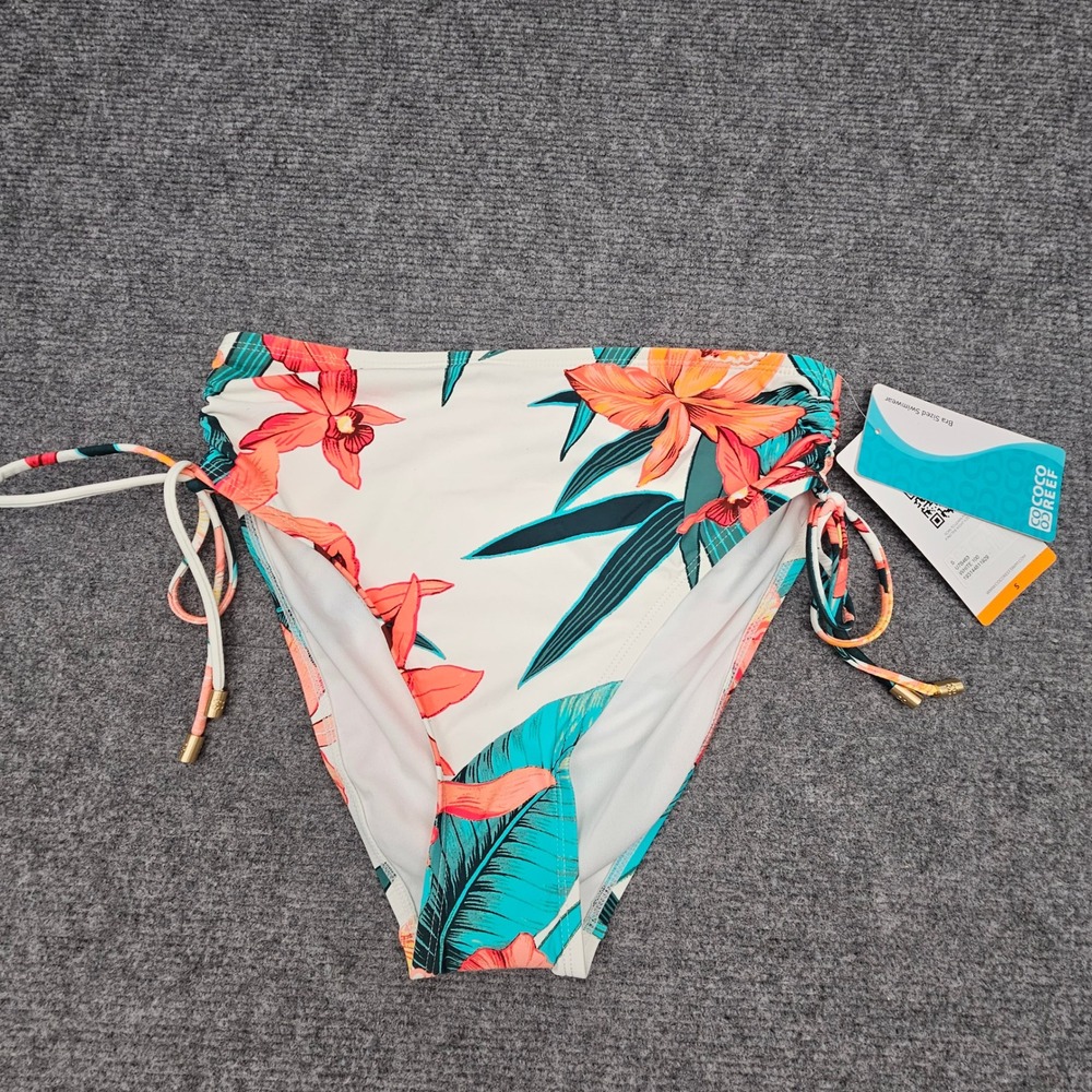 Coco‎ Reef Bikini Bottom Womens Size S White Floral High Waist Side Tie Swimwear